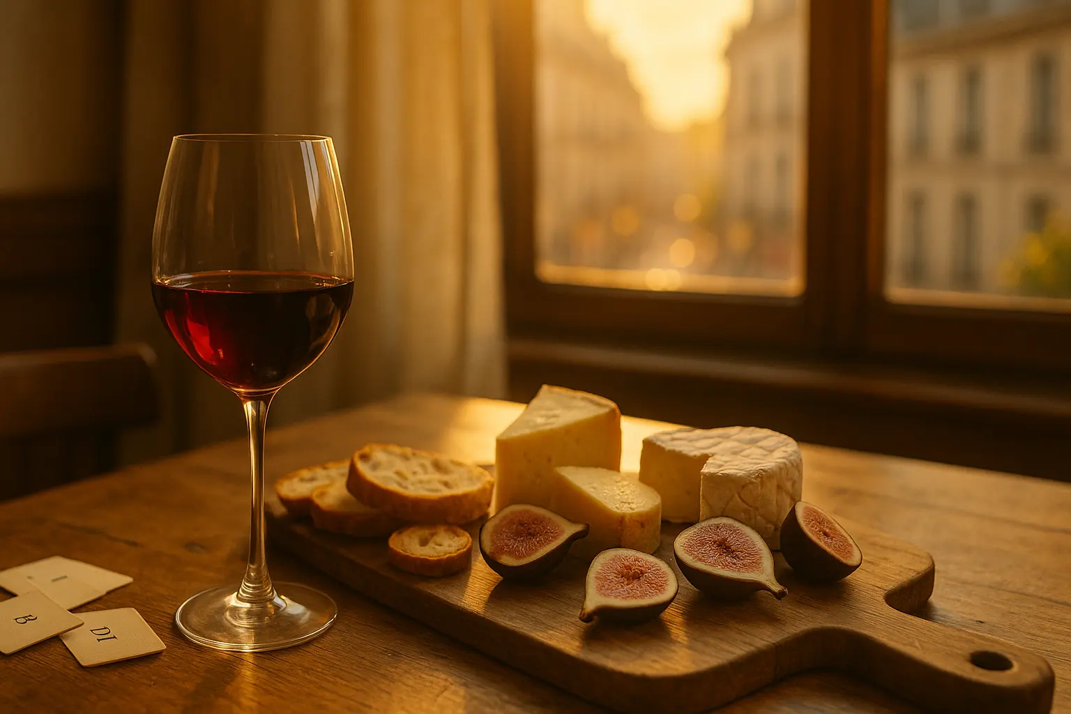 Meja makan bergaya Prancis dengan wine merah, roti baguette, keju, dan cahaya sore keemasan yang lembut — menggambarkan cita rasa kuliner klasik di LaRaisonGourmande.com.